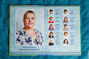 Пример разворота выпускного альбома для девятиклассников с фотографиями и именами преподавателей
