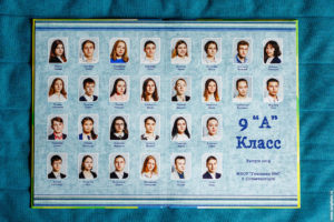 Пример разворота выпускного альбома для 9 класса с фотографиями и именами одноклассников