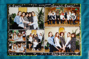 Пример разворота выпускного альбома - фотографии с друзьями и одноклассниками в интерьерах школы