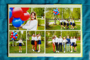 Пример разворота выпускного альбома - фотографии с друзьями и одноклассниками на улице